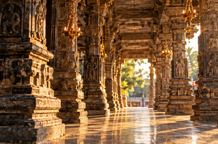 Warm sunlight through intricately carved mandapam pillars