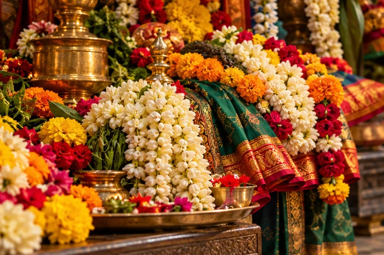 Jasmine, marigolds, rose flowers, brass vessels and folded temple cloth
