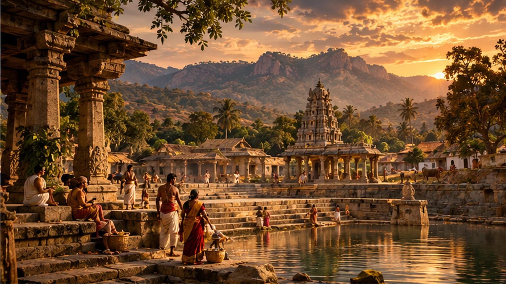 AI artistic reconstruction of an imagined historic stone temple tank near hills