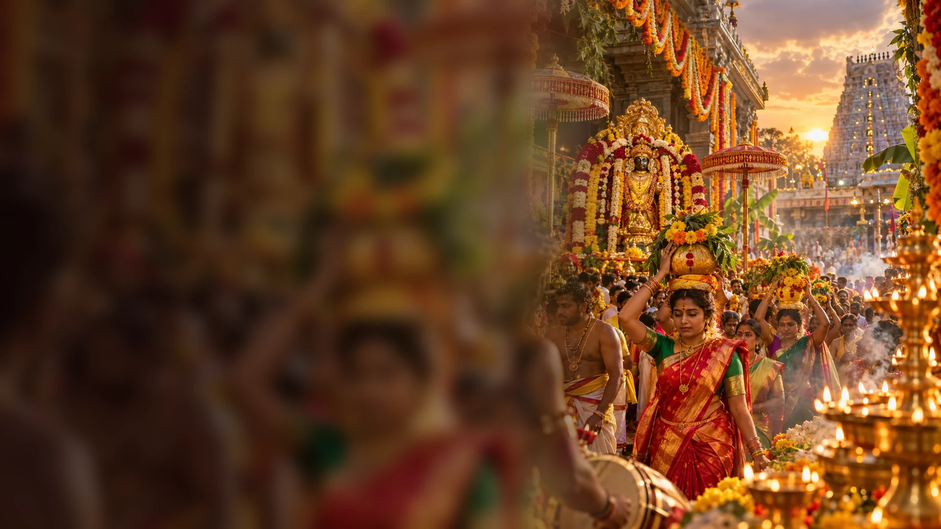 Festival-inspired illustration showing devotees carrying decorated offerings beside a temple procession.