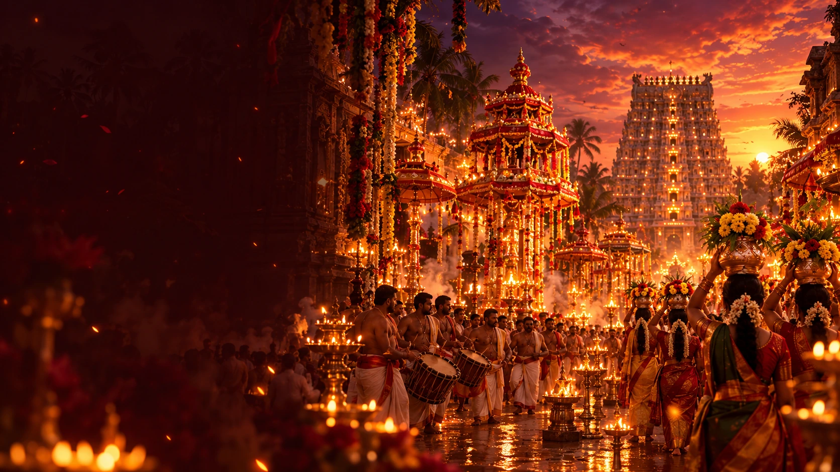 Original artistic illustration of an illuminated Gangamma Jathara procession with drums, lamps, floral offerings and a temple tower at sunset