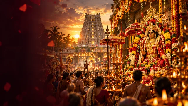 AI-generated artistic festival scene of a richly decorated goddess shrine amid evening lamps
