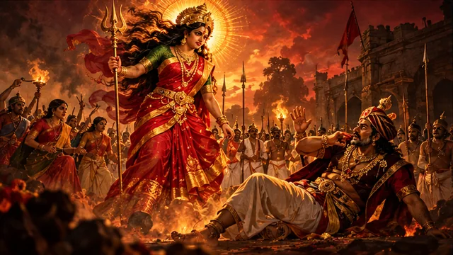 AI-generated mythological illustration of Goddess Gangamma confronting a chieftain