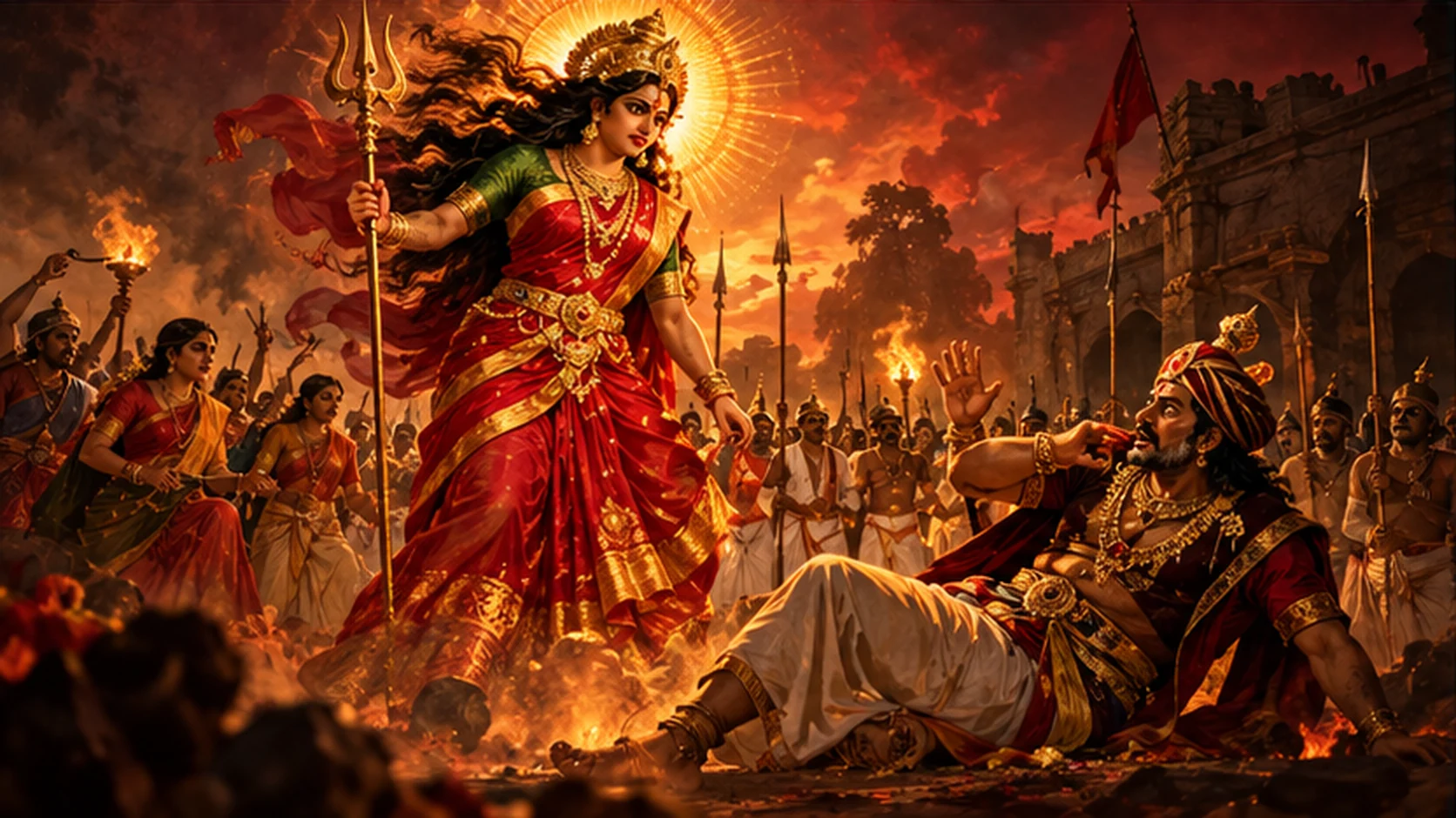 Mythological AI illustration of Gangamma confronting the chieftain Palegadu