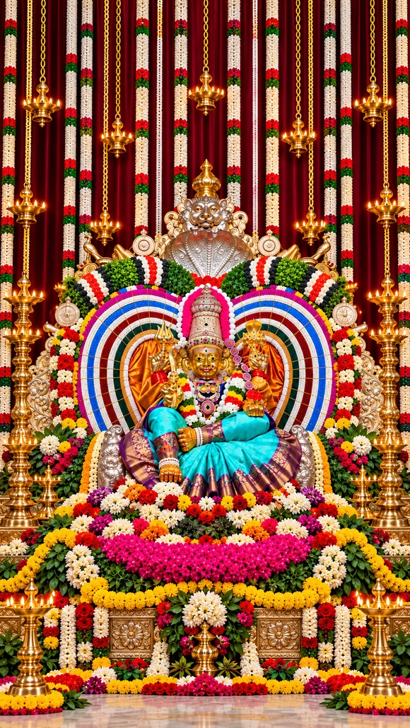 User-provided devotional reference image of Sri Tataiahgunta Gangamma Thalli adorned with flowers and brass lamps