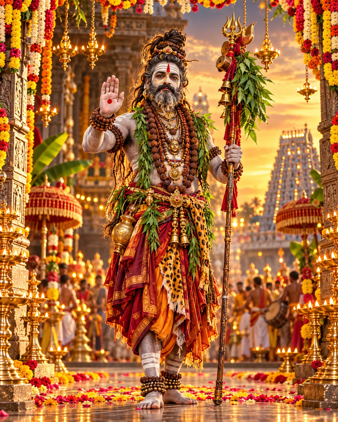Reference-inspired portrait of Bhairagi Vesham with ash-toned body paint, staff and neem leaves in a temple setting